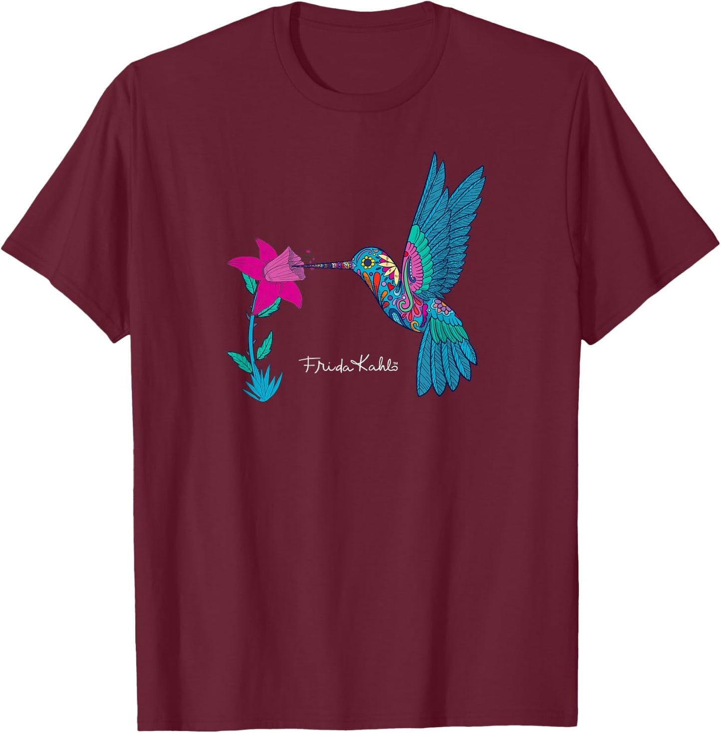 Frida Kahlo Damen , Blau, S, Kurzarm, Klassisch, Einfarbig, Rundhals-Ausschnitt, Klein, Erwachsener T-Shirt - T-Shirt | Maroon