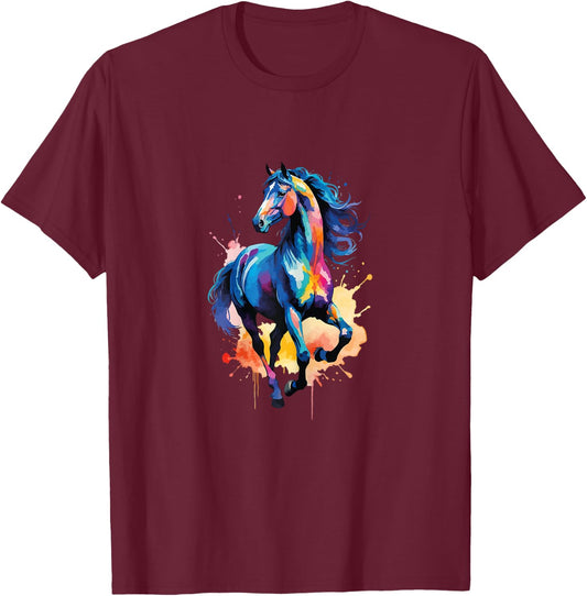 Children's Colourful Horse in Gallop Cute Horses Girls Stable and Riding , blue T-Shirt - T-Shirt | Maroon