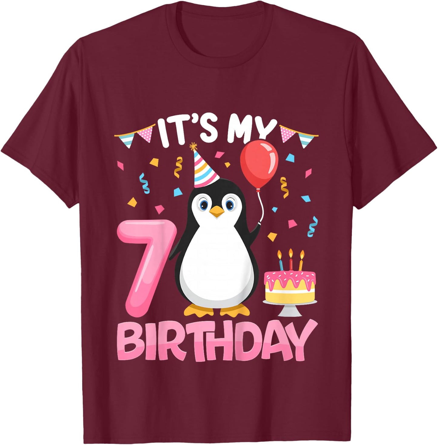 Penguin Birthday 7 Year Old Girl 7th Birthday Party Seven T-Shirt - T-Shirt | Maroon