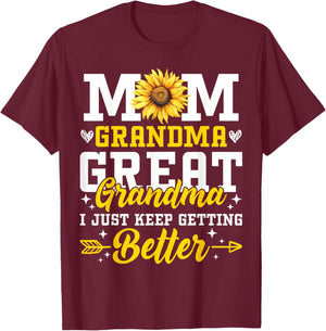 Mom Grandma Great Grandma Mother's Day 2025 Sunflower Women T-Shirt - T-Shirt | Maroon