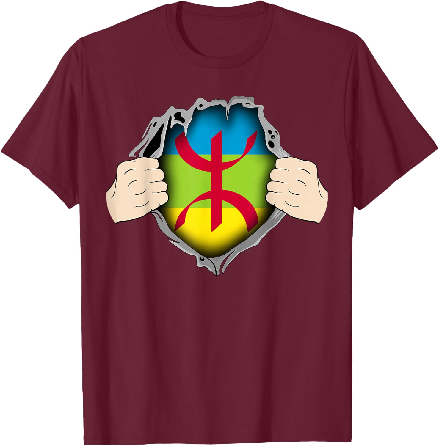 Super Amazigh Berber Flag Rif Moroccan Algerian Patterns , Black, S T-Shirt - T-Shirt | Maroon