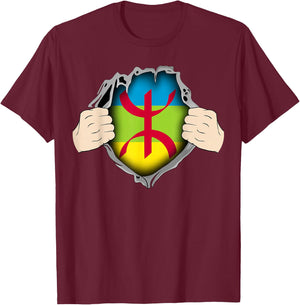 Super Amazigh Berber Flag Rif Moroccan Algerian Patterns , Black, S T-Shirt - T-Shirt | Maroon