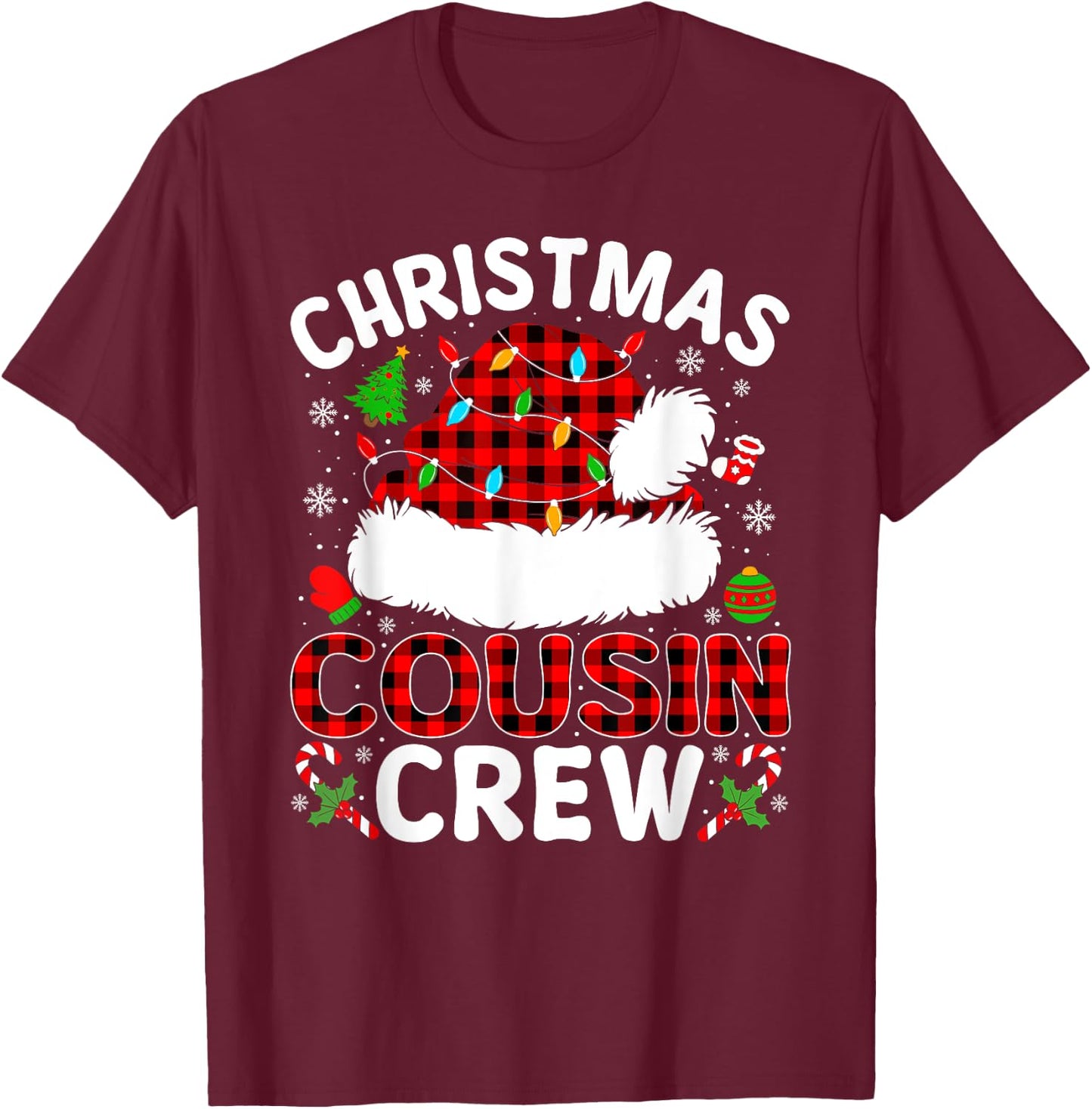 Christmas Cousin Crew Buffalo Plaid Santa Hat Xmas Pajamas T-Shirt - T-Shirt | Maroon