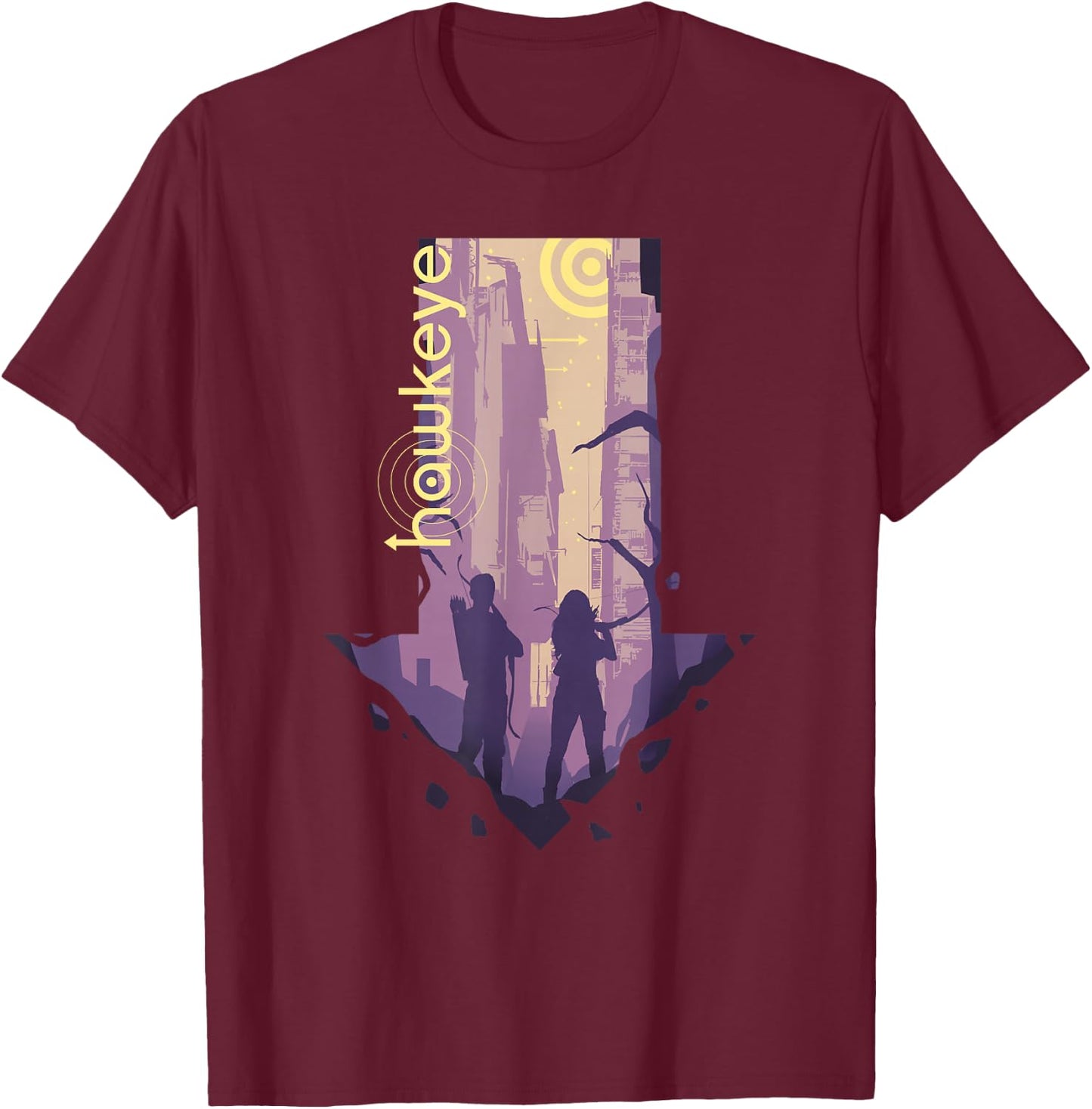 Marvel Hawkeye Group Shot Downwards Arrow Silhouette T-Shirt - T-Shirt | Maroon
