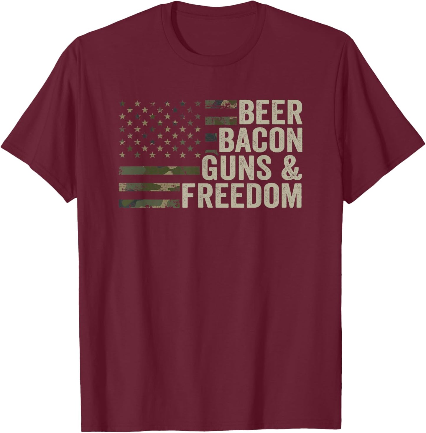 BEER BACON GUNS & FREEDOM - Funny BBQ Drinking Gun Camo T-Shirt - T-Shirt | Maroon