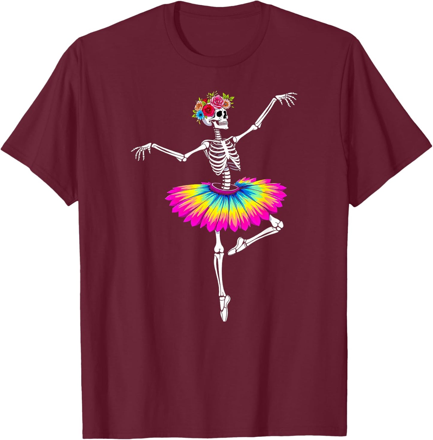 Girls Halloween Dancing Ballet Skeleton Rainbow Ballerina T-Shirt - T-Shirt | Maroon
