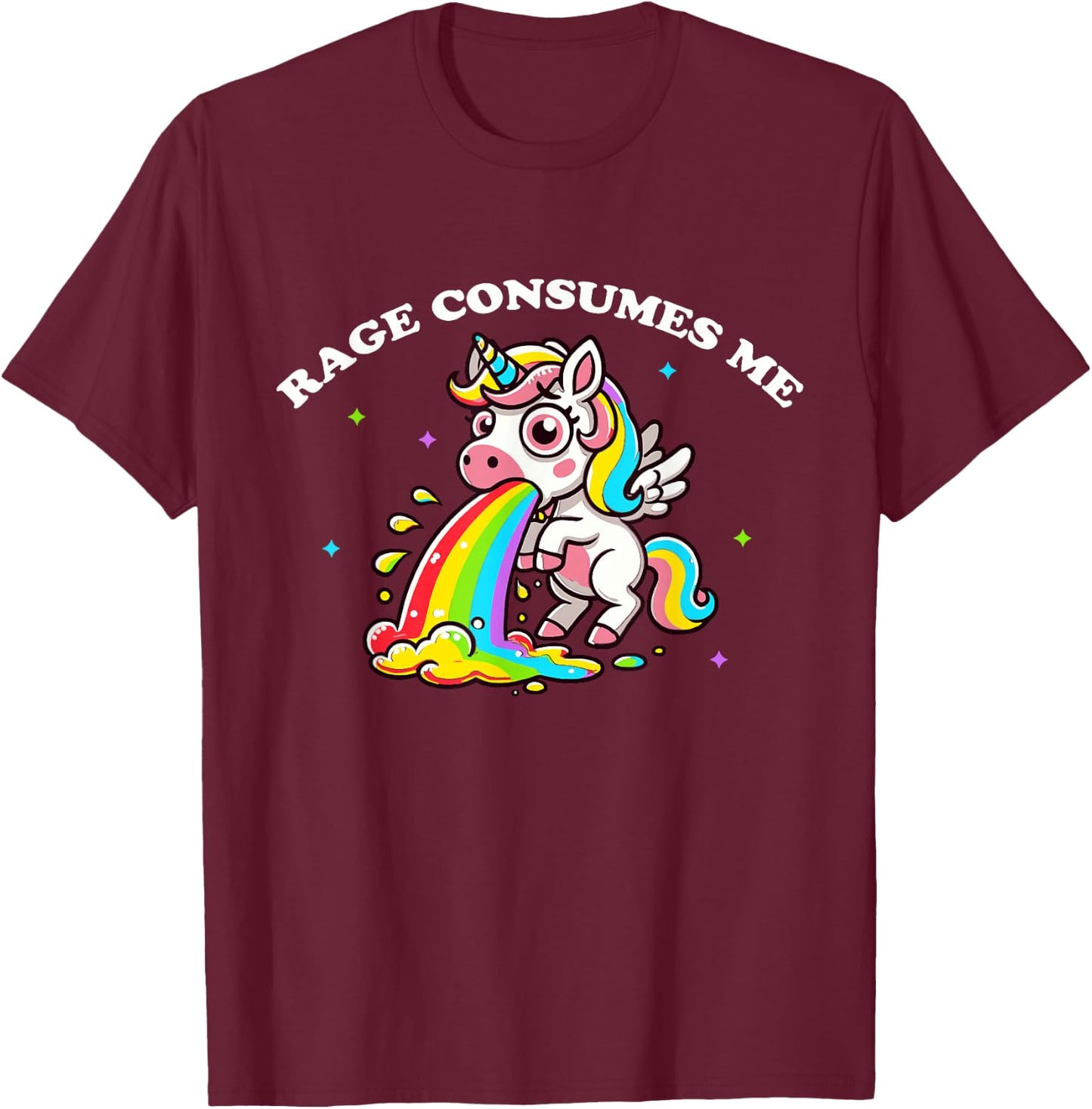 Rage Consumes Me Rainbow Barfing Unicorns T-Shirt - T-Shirt | Maroon