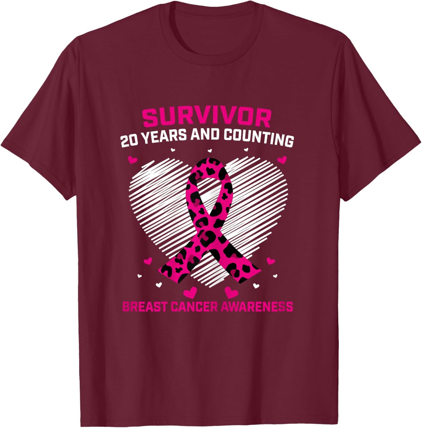 20 Year Survivor Pink Cheetah Print Breast Cancer Awareness T-Shirt - T-Shirt | Maroon
