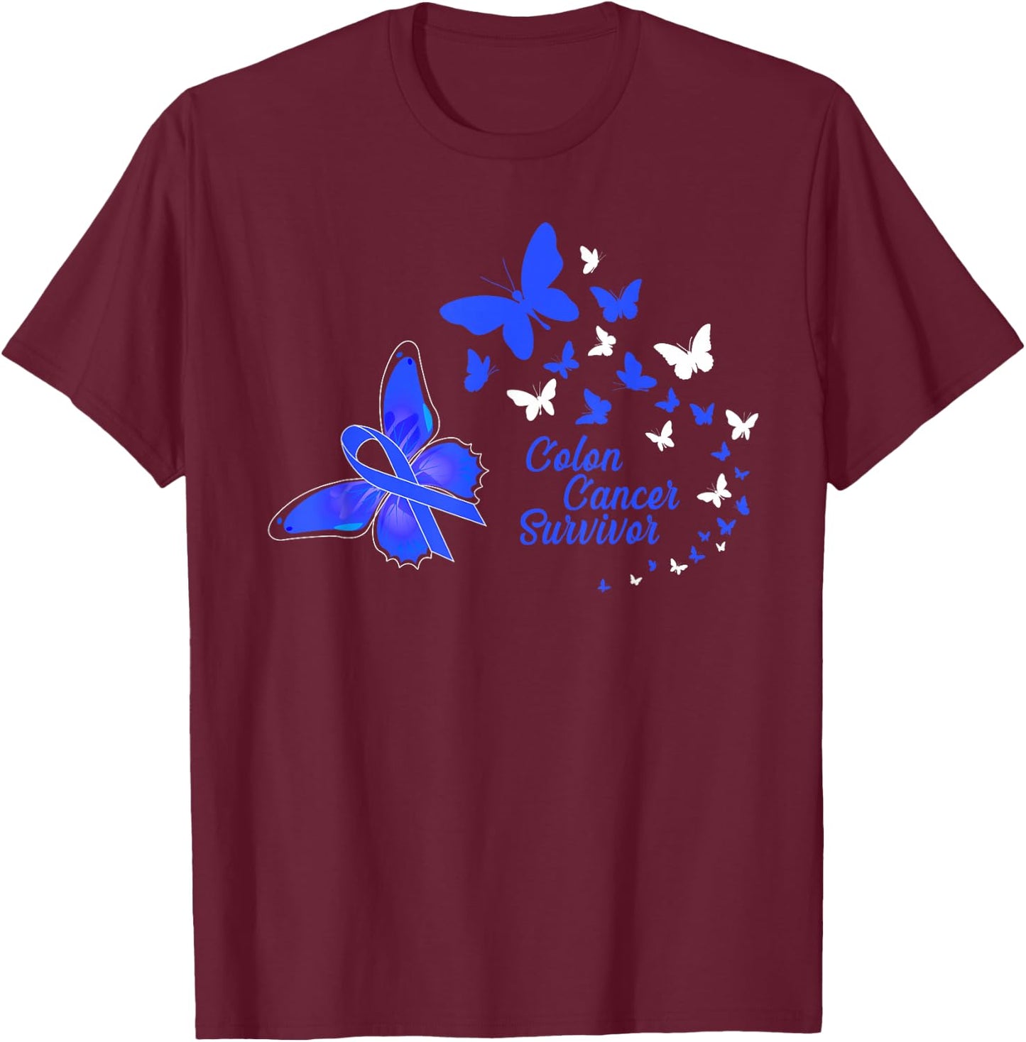 Colon Cancer Survivor Awareness Butterflies Gift T-Shirt - T-Shirt | Maroon