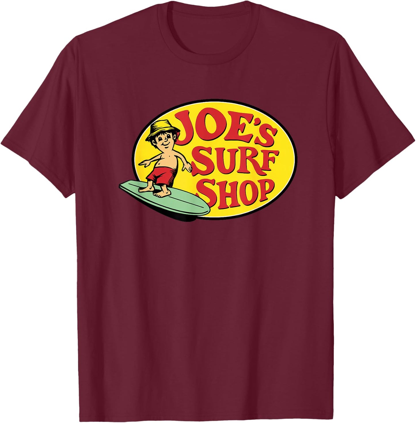 Ride the Wave with Joe's Pro Shop Vintage Surf Style Graphic T-Shirt - T-Shirt | Maroon