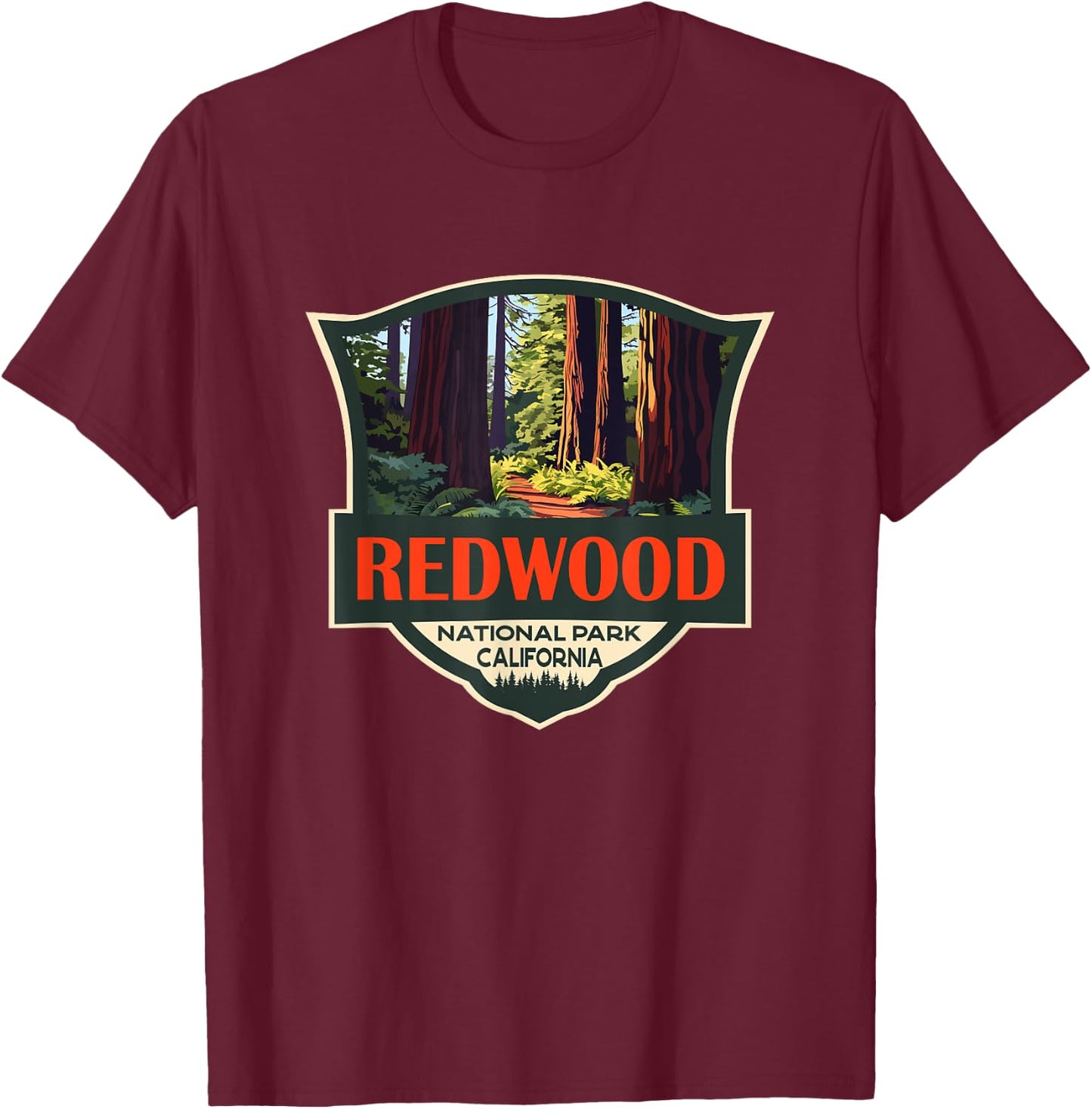 Redwood National Park Illustration Retro Badge T-Shirt - T-Shirt | Maroon