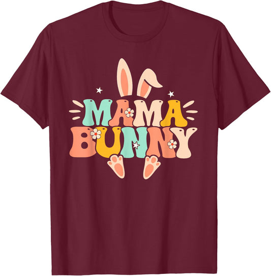 Mama Bunny Retro Groovy Bunny Mom Mommy Happy Easter Day T-Shirt - T-Shirt | Maroon