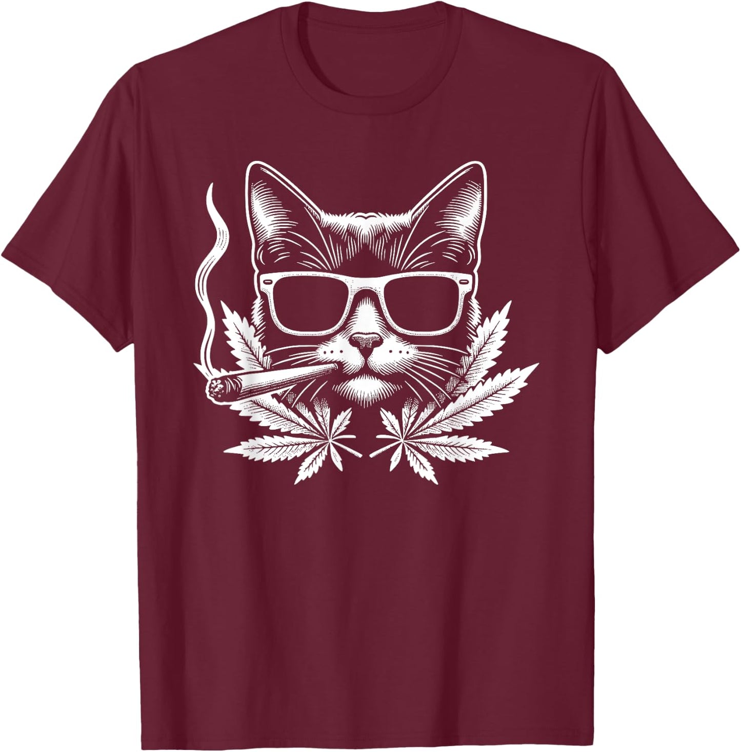 Retro Cat With Sunglasses Smoking Cannabis Cannabis Leaf T-Shirt - T-Shirt | Maroon