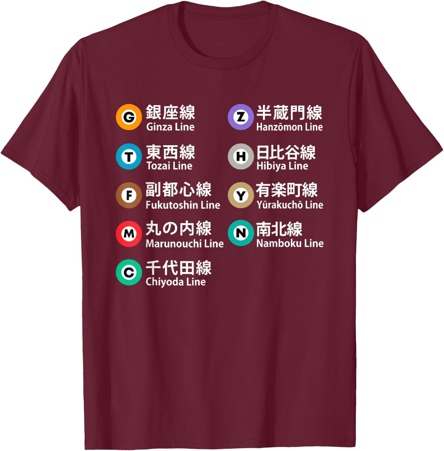 Tokyo Subway Lines Kanji Ginza Marunouchi Hibiya Yurakucho T-Shirt - T-Shirt | Maroon