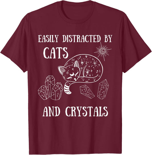 Easily Distracted by Cats Crystals Boho Spiritual Wiccan T-Shirt - T-Shirt | Maroon