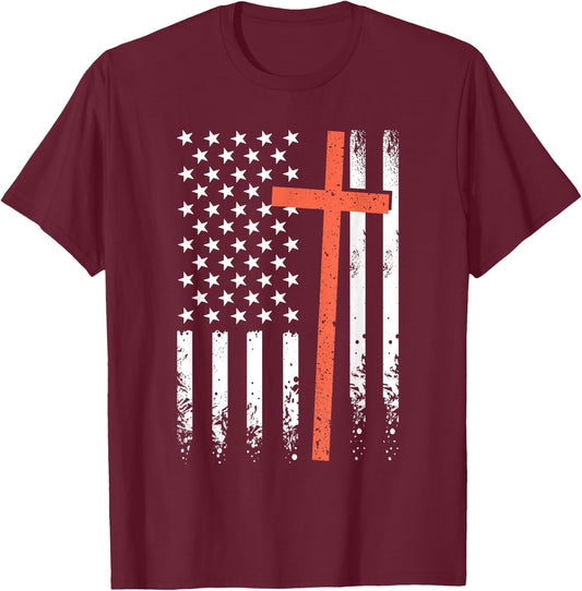 US American Flag Vintage Christian Cross Patriot 4th of July T-Shirt - T-Shirt | Maroon