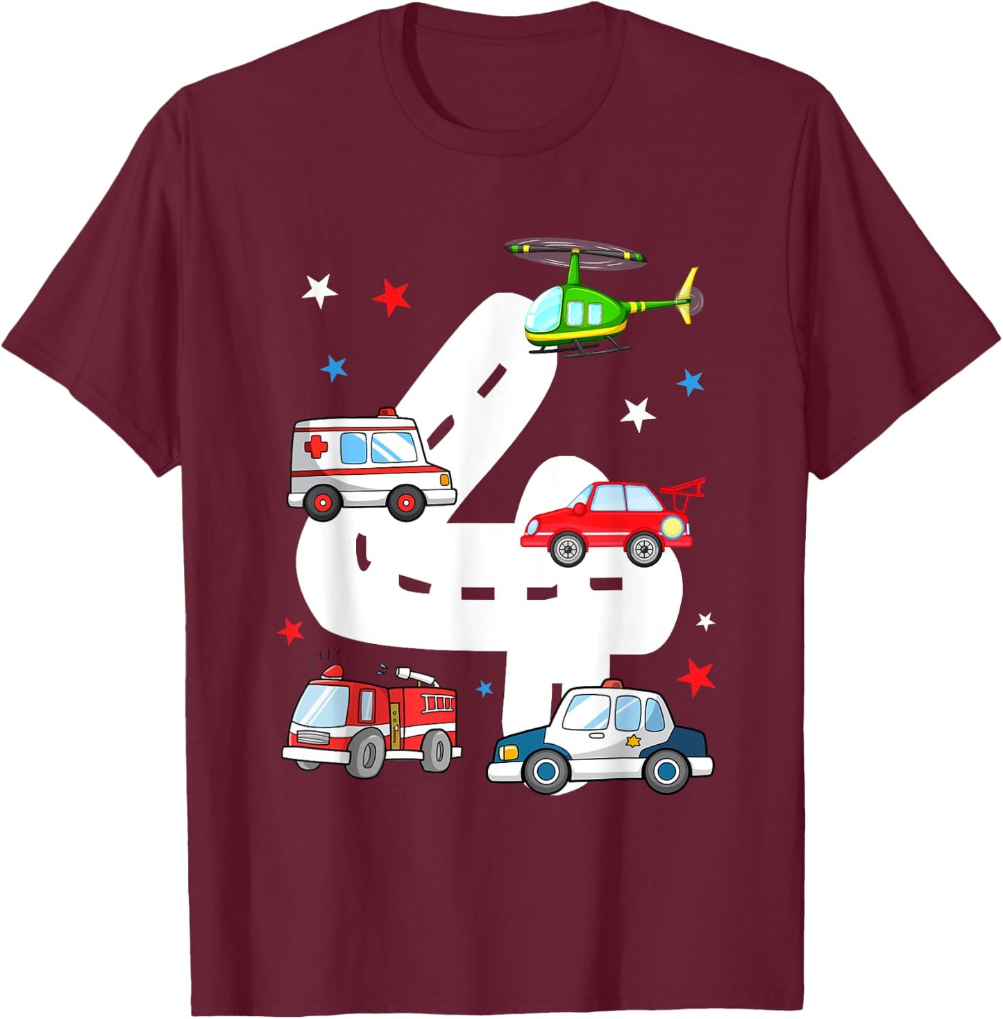 4th Birthday Emergency Vehicles 4 Year Old Birthday Kids T-Shirt - T-Shirt | Maroon