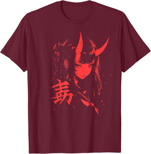 Japanese Tableware Manga Gothic Demon Waifu Retro , Black, S T-Shirt - T-Shirt | Maroon