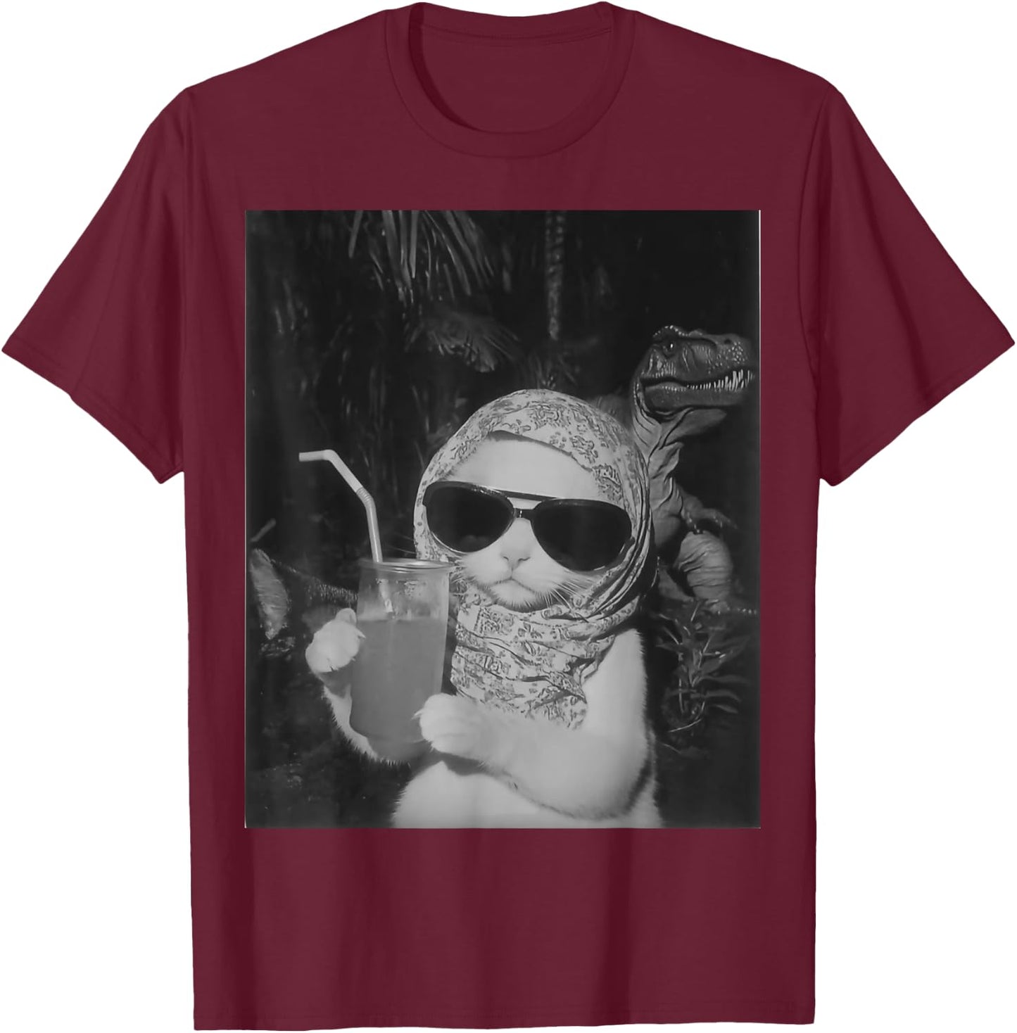 Chill And Cool Cat Drinking Fruit Selfie With Dinosaur T-Rex Women Kids T-Shirt - T-Shirt | Maroon