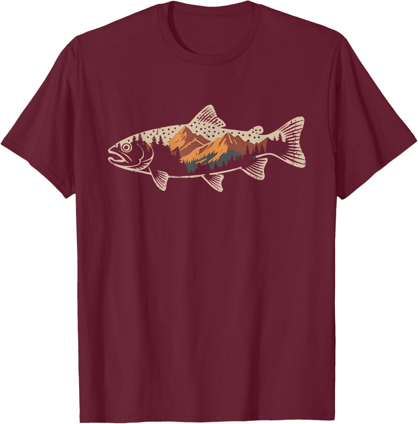 Fishing Bass Fish Mountain Star Fisherman Art Men Women Kids T-Shirt - T-Shirt | Maroon
