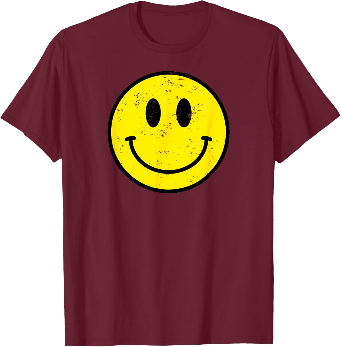 Retro 70s 80s Happy Face Yellow Smile Face Funny Vintage , black T-Shirt - T-Shirt | Maroon