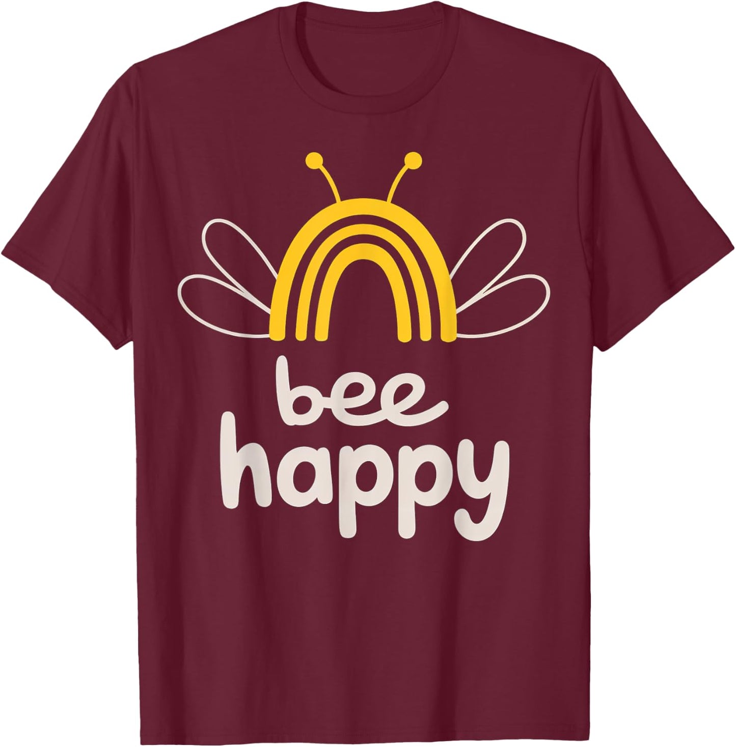Bee Happy Rainbow Wings Whimsical Insect Design T-Shirt - T-Shirt | Maroon
