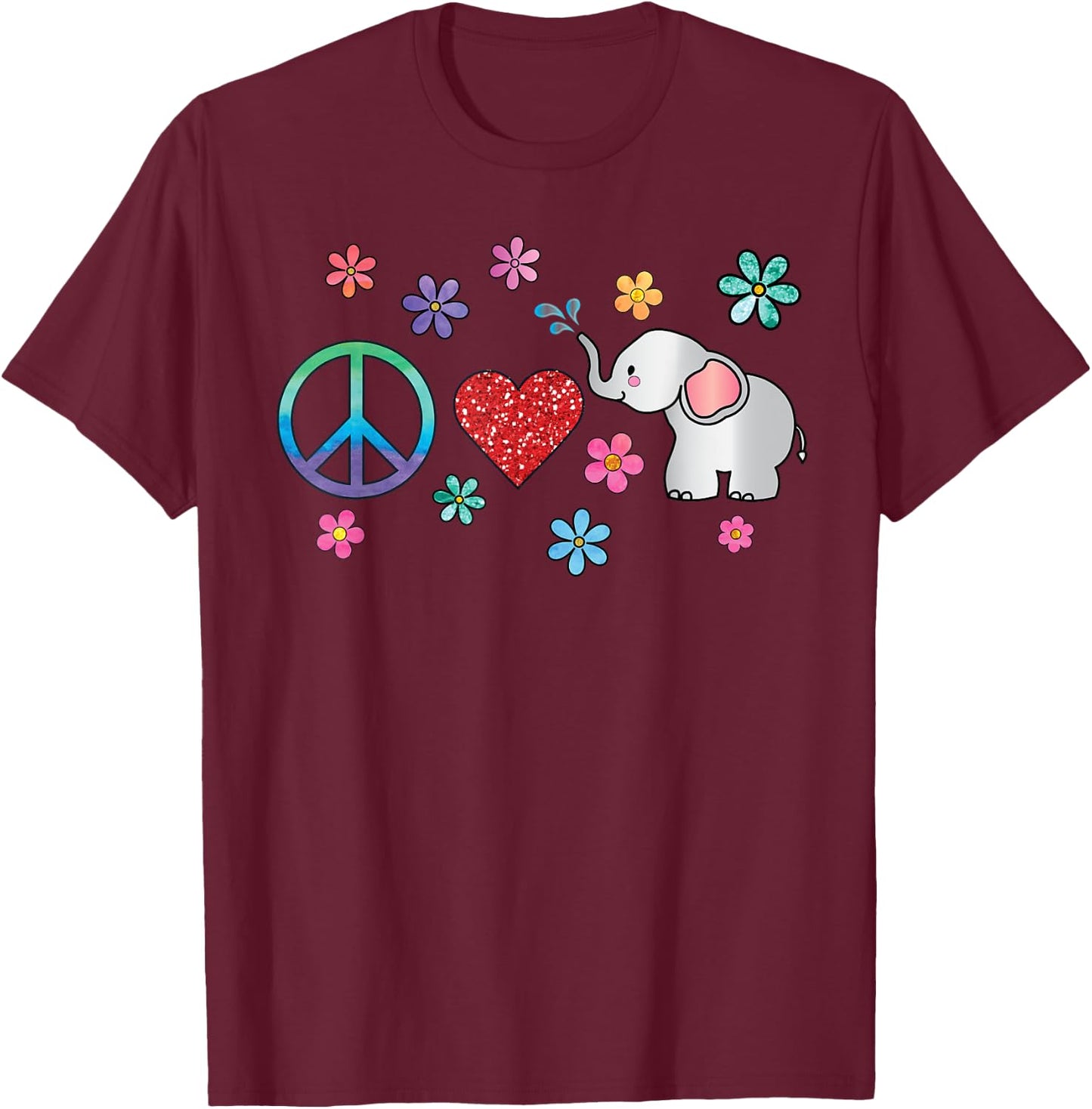 Elephant Peace Love Hippie Rainbow Boho Elephants T-Shirt - T-Shirt | Maroon