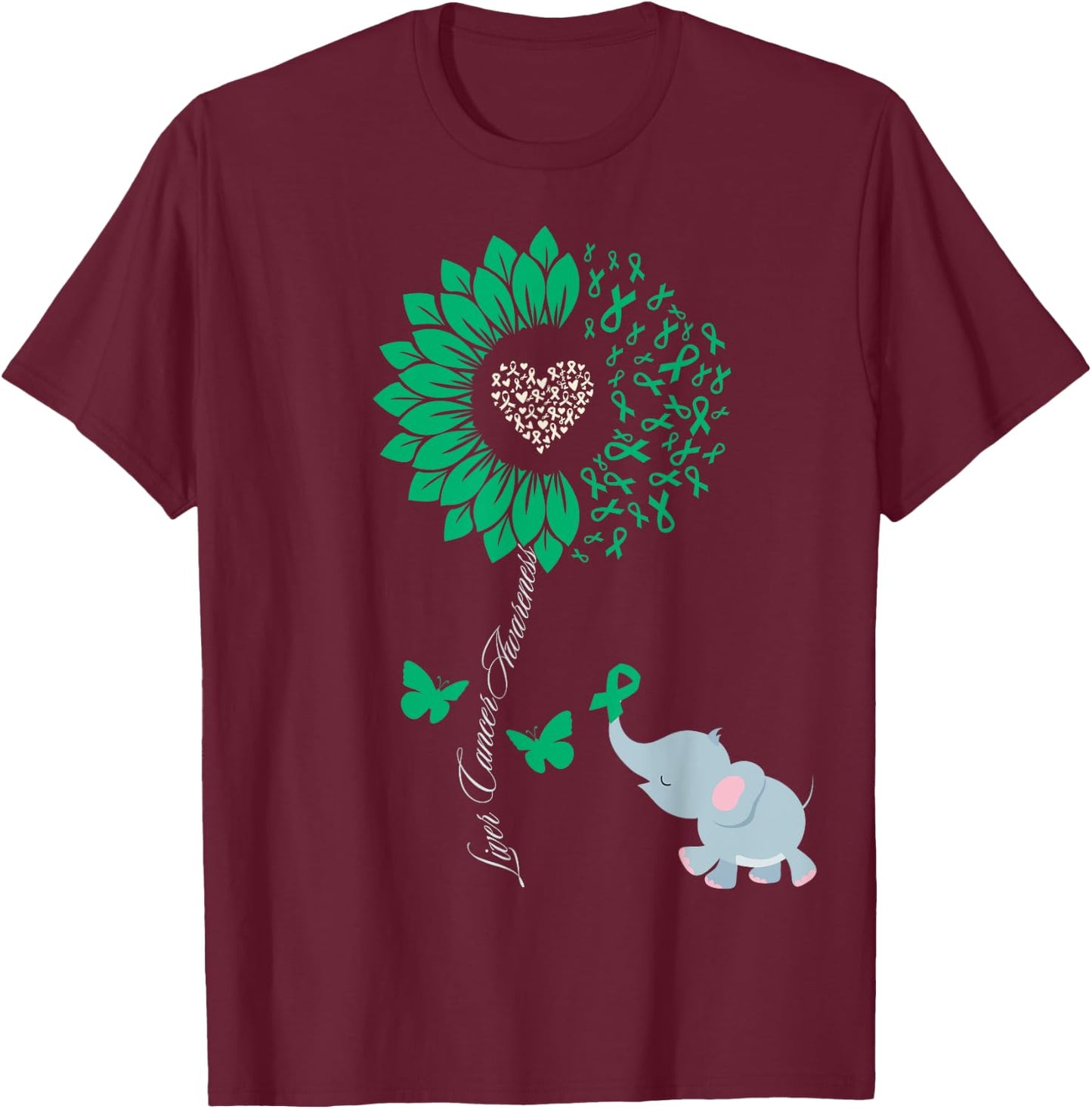 Liver Cancer Awareness Sunflower Elephant Butterfly Green T-Shirt - T-Shirt | Maroon