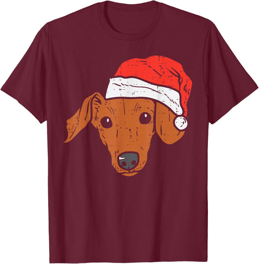 Santa Hat Dachshund Christmas Xmas Wiener Weiner Dog T-Shirt - T-Shirt | Maroon