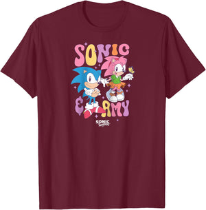 Sonic The Hedgehog Sonic & Amy Cute Vintage Shot Raglan Baseball T-Shirt - T-Shirt | Maroon