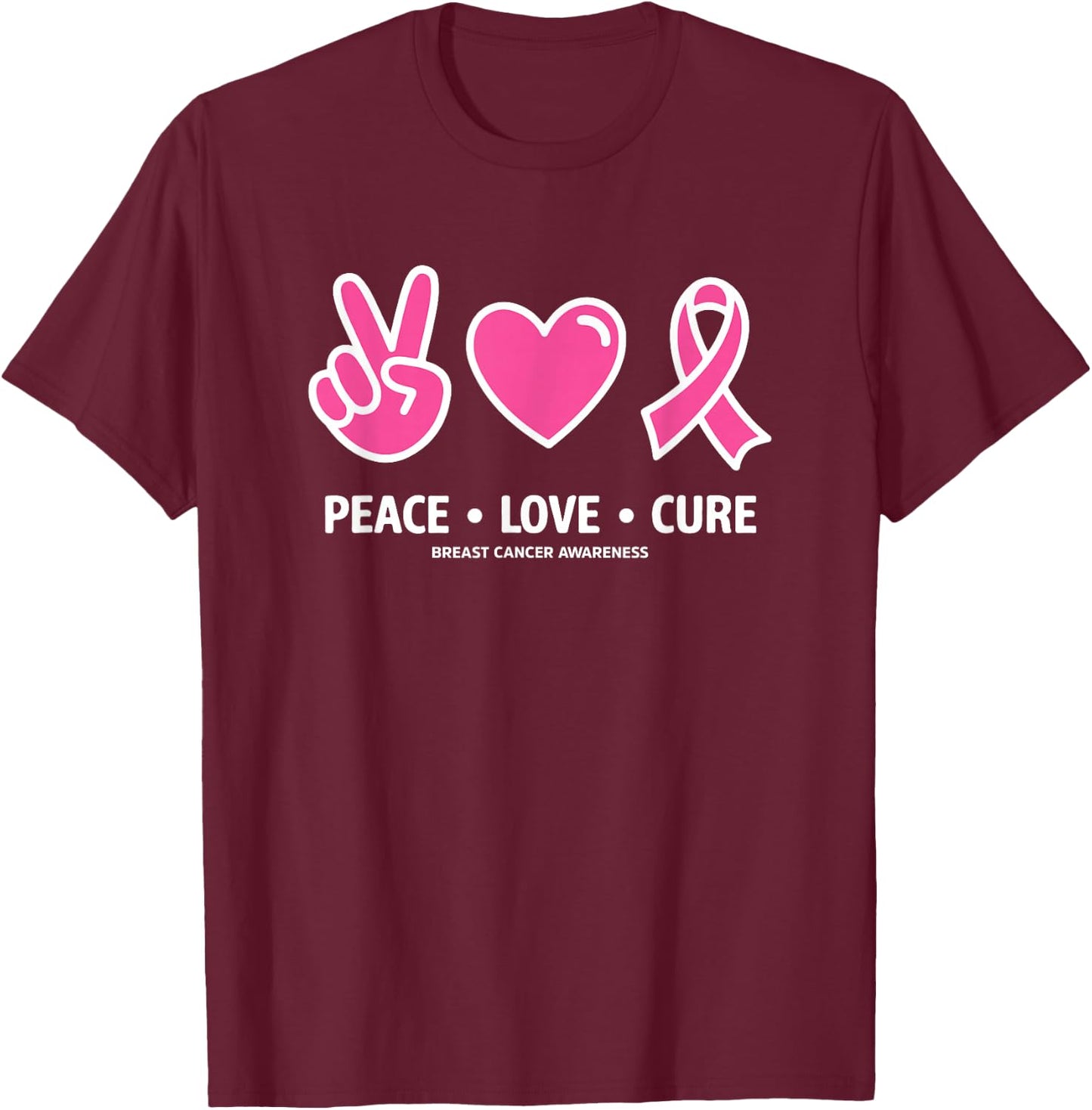 Peace Love Cure Pink Ribbon Family Breast Cancer Awareness T-Shirt - T-Shirt | Maroon
