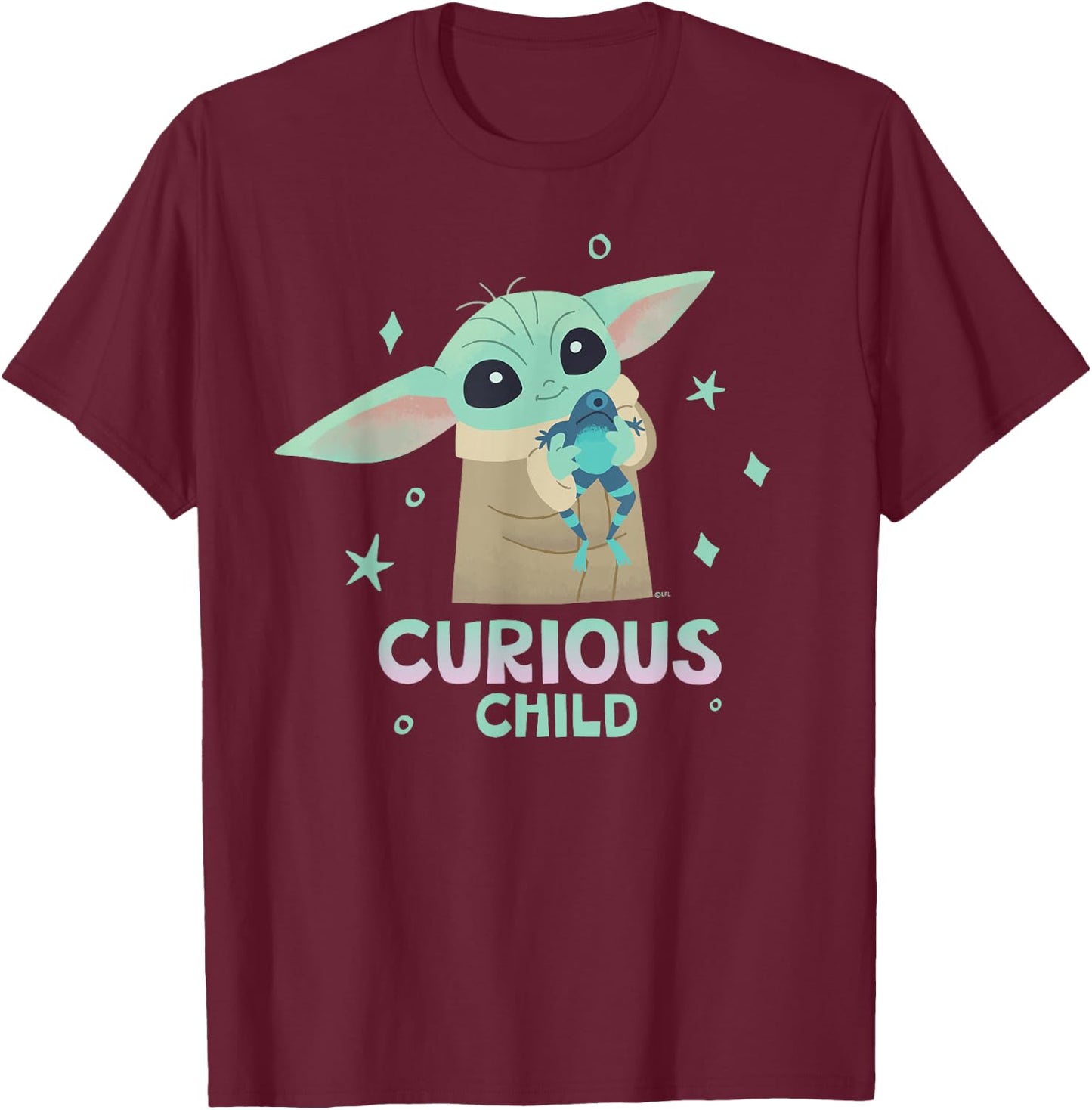 Star Wars The Mandalorian Grogu with Frog Curious Child , black T-Shirt - T-Shirt | Maroon