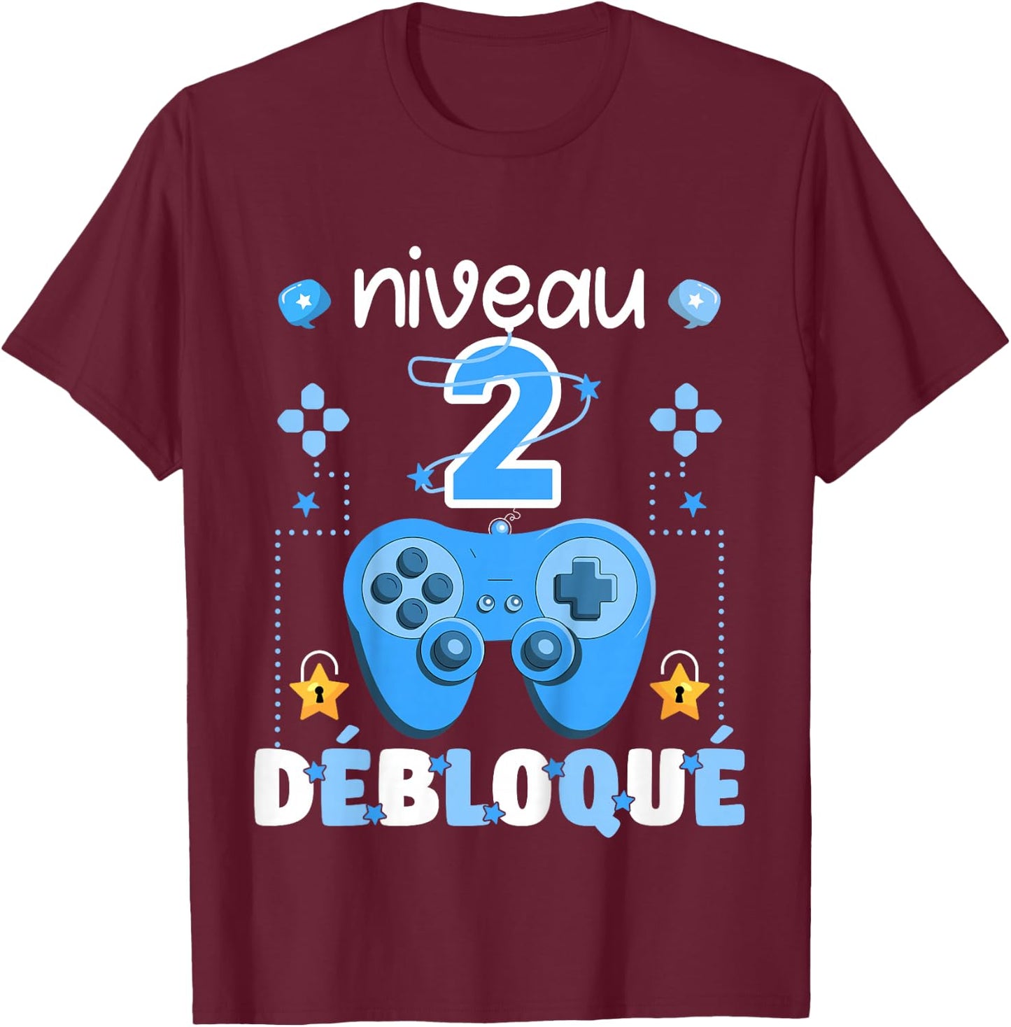 Kid Level 2 Unlocked Gaming Teen Geek Birthday 2 Years Gamer , Black, 2 T-Shirt - T-Shirt | Maroon