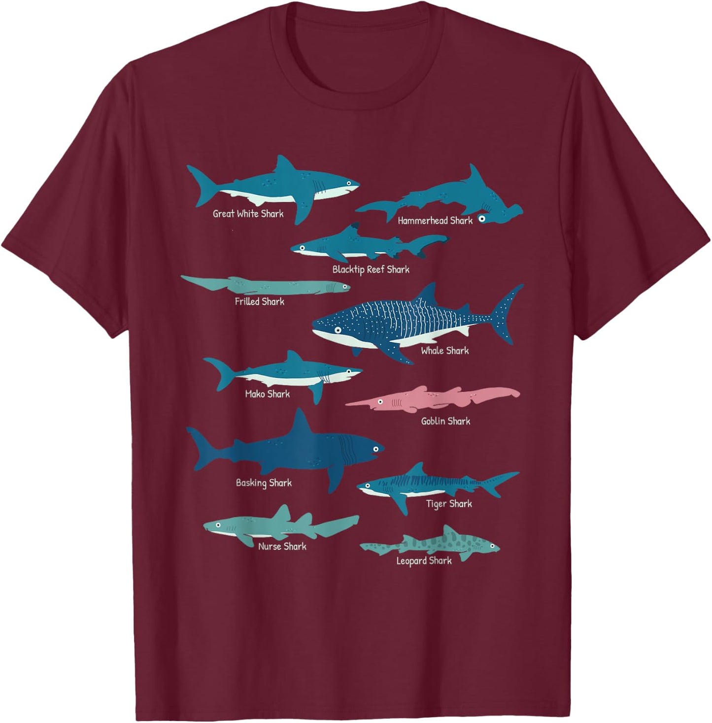 Types Of Sharks Educational Collection Marine Biologists T-Shirt - T-Shirt | Maroon
