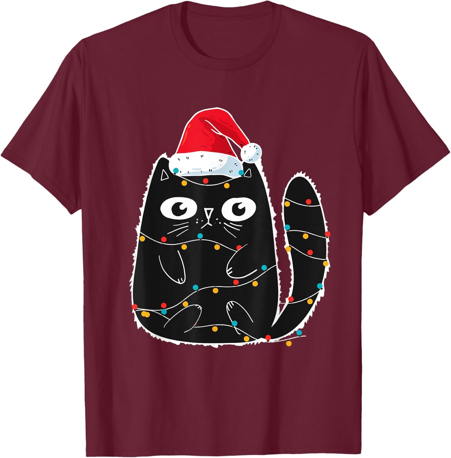 Cute Black Cat Santa Christmas Lights Meow Kitty Kitten Xmas Women Kids T-Shirt - T-Shirt | Maroon