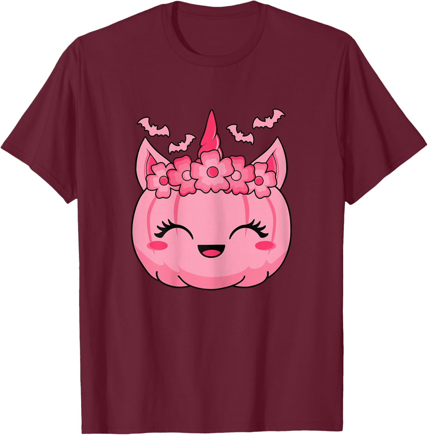 Cute Halloween Kawaii Pink Unicorn Pumpkin Women Girls Kids T-Shirt - T-Shirt | Maroon