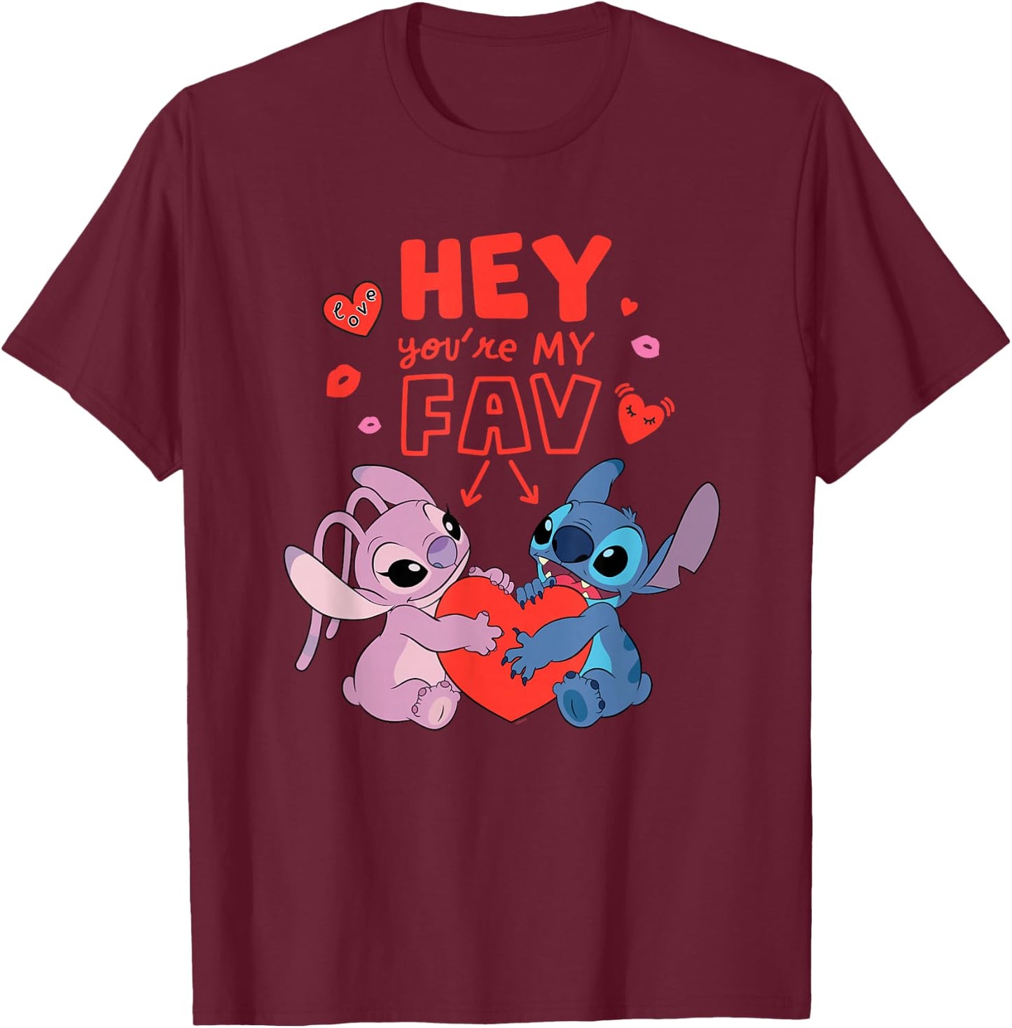 Disney Stitch & Angel Hey You're My Fav Love Valentine's Day T-Shirt - T-Shirt | Maroon