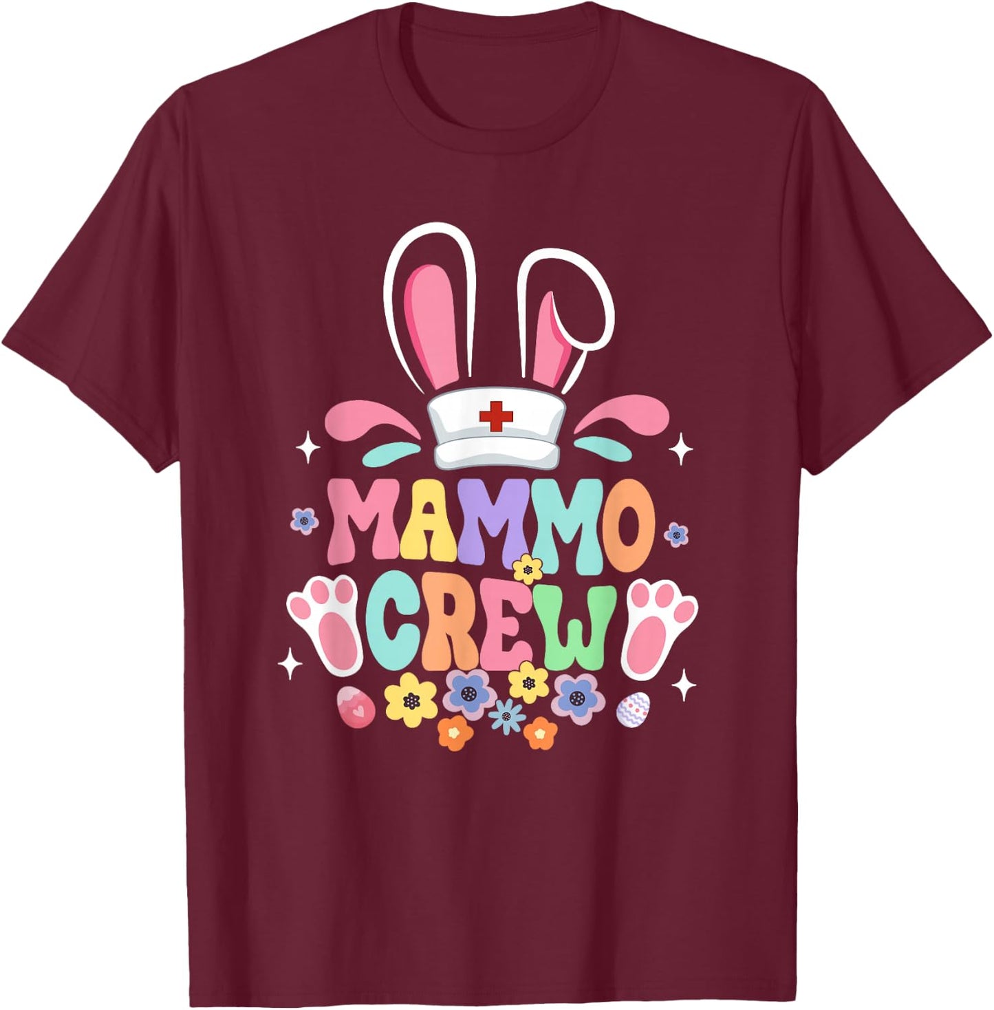 Retro Groovy Mammo Crew Mammo Tech Bunny Ear Flower Easter T-Shirt - T-Shirt | Maroon