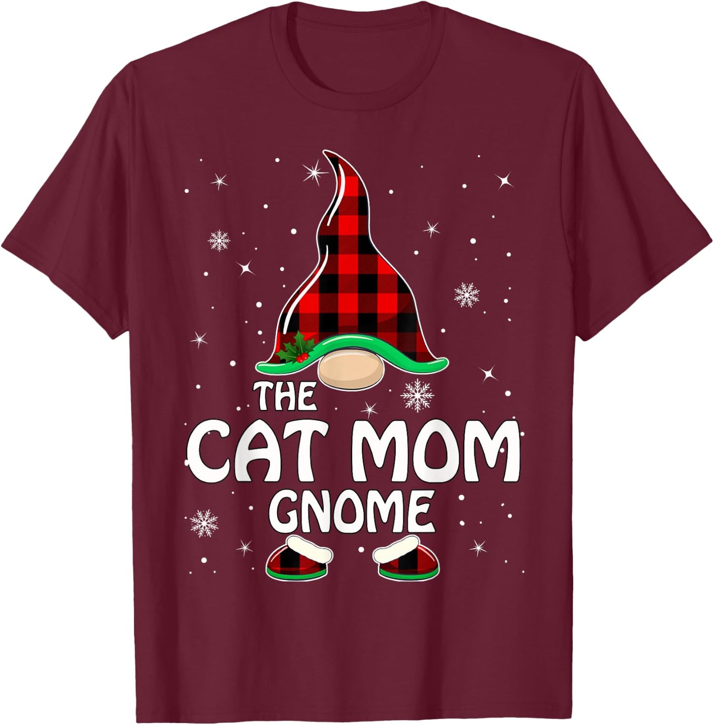 Cat Mom Gnome Buffalo Plaid Matching Family Christmas Men Women Kids T-Shirt - T-Shirt | Maroon