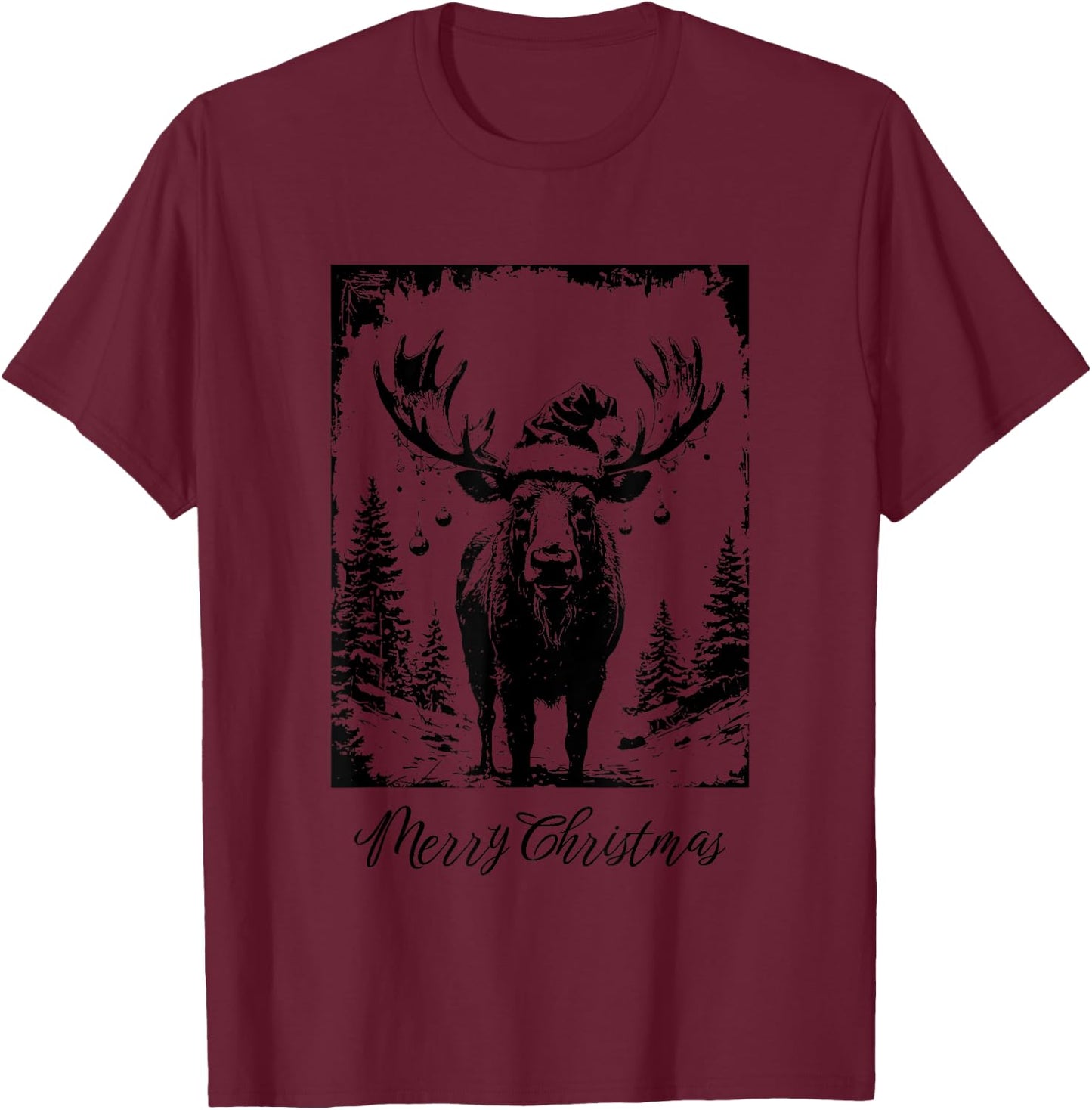Merry Christmas Moose Decorations Distressed Grunge Design T-Shirt - T-Shirt | Maroon