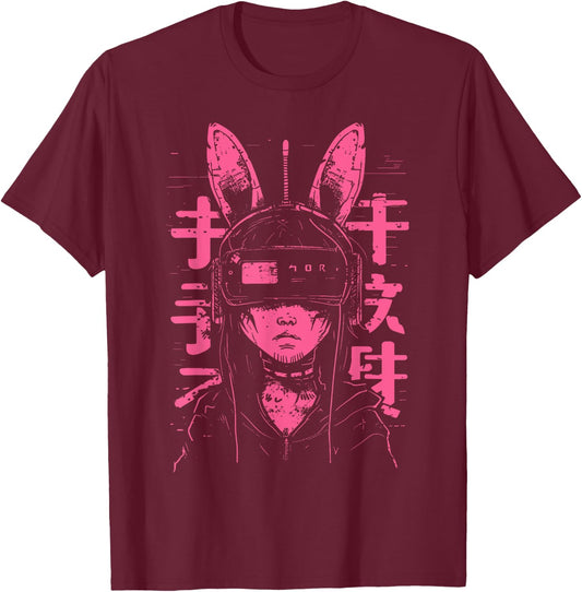 Anime Manga Punk Bunny Girl | Cyberpunk Japanese Harajuku T-Shirt - T-Shirt | Maroon
