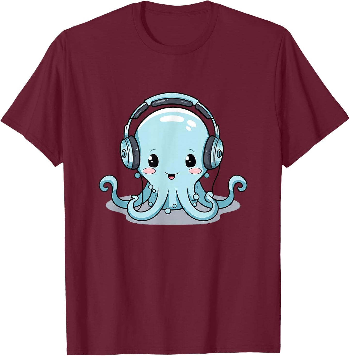 Cute Kawaii Cartoon Octopus Wearing Headphones T-Shirt - T-Shirt | Maroon