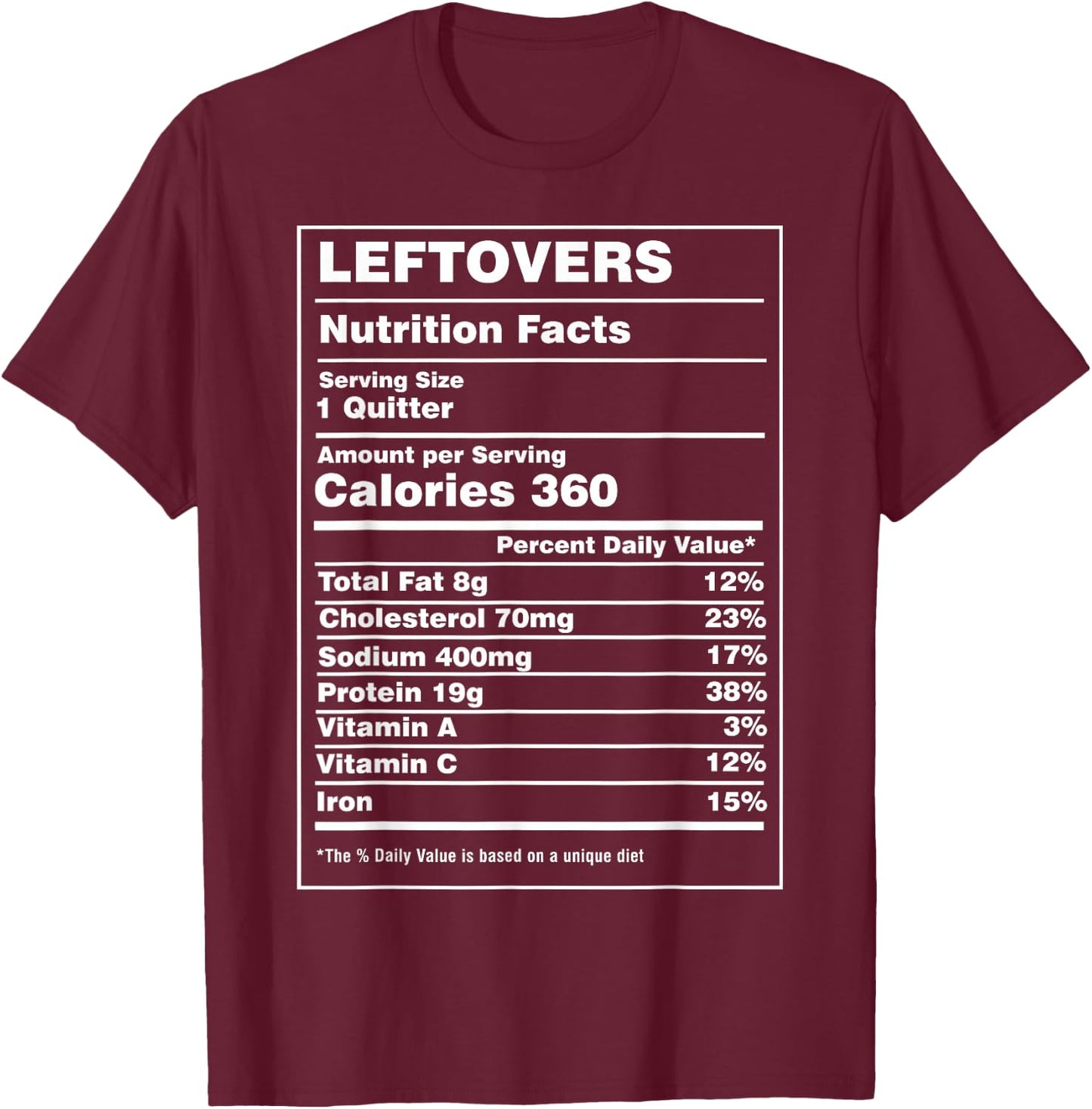 Nutrition Facts Leftovers Funny Thanksgiving Family Dinner T-Shirt - T-Shirt | Maroon
