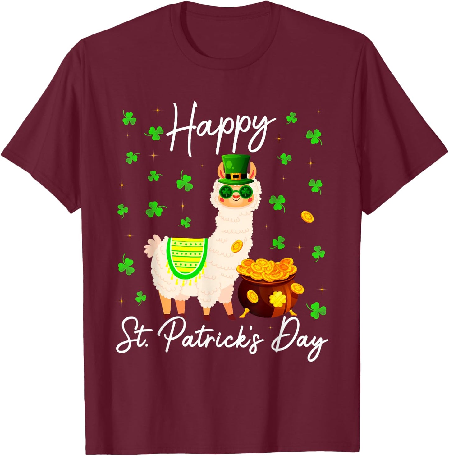 Happy St Patricks Day Cute Llama St Pattys Irish Shamrock T-Shirt - T-Shirt | Maroon