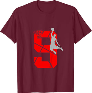 9 Year Old 9th Basketball Birthday PartyTheme Boys Girls T-Shirt - T-Shirt | Maroon