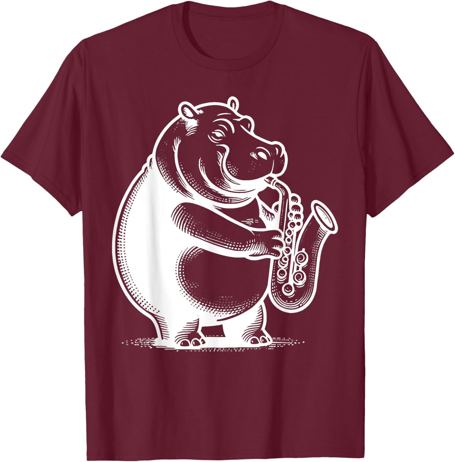 Funny Vintage Hippo Playing Saxophone Musician Animal Lovers T-Shirt - T-Shirt | Maroon