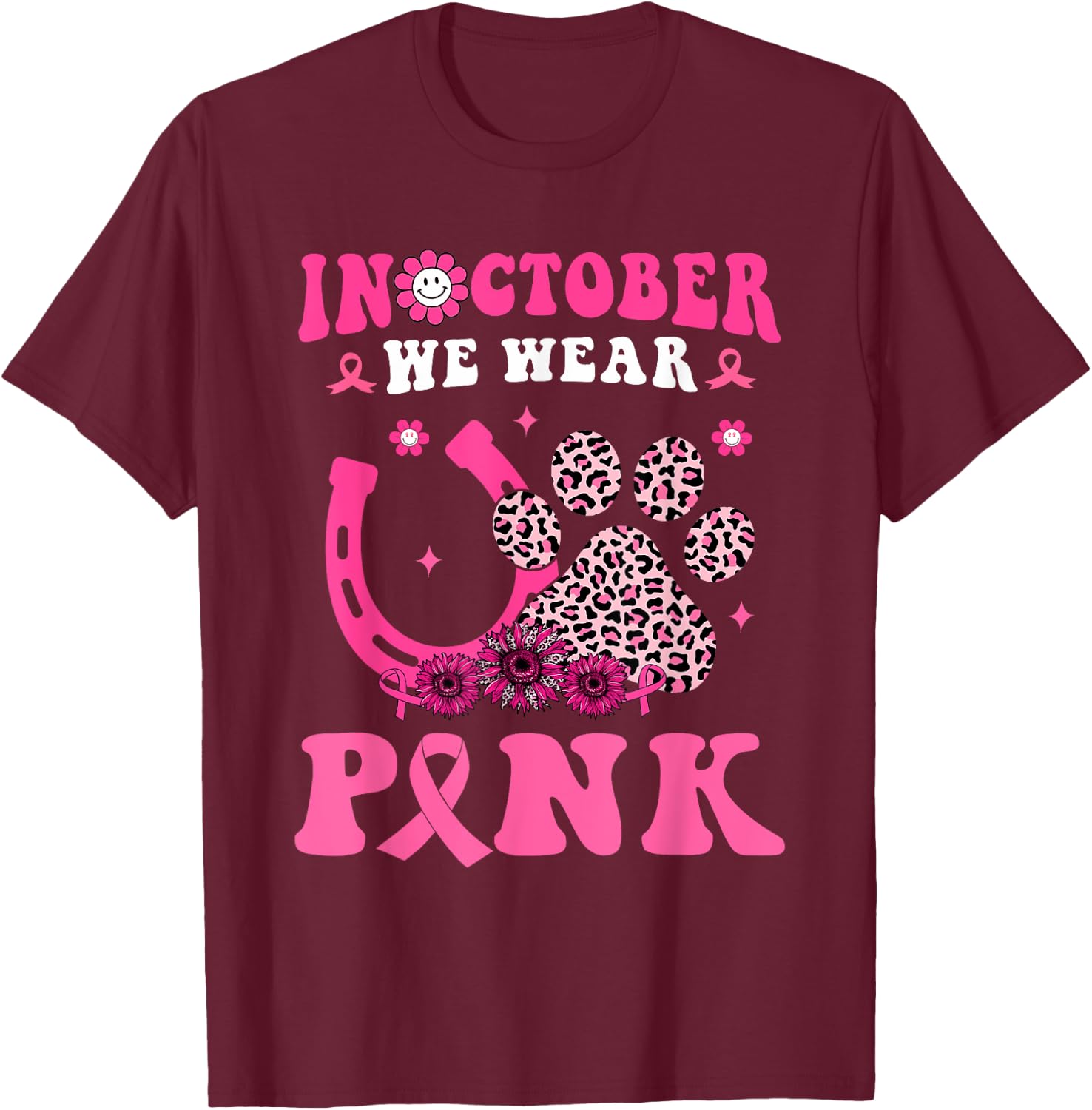 Groovy Halloween In October We Wear Pink Horseshoe & Dog Paw T-Shirt - T-Shirt | Maroon