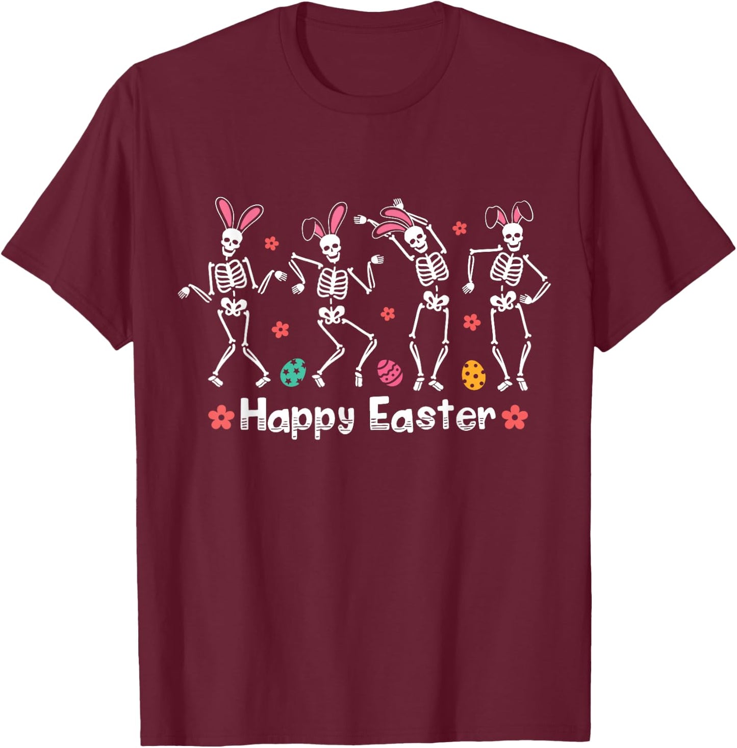 Happy Easter Funny Bunny Dancing Skeletons Easter Egg Rabbit T-Shirt - T-Shirt | Maroon