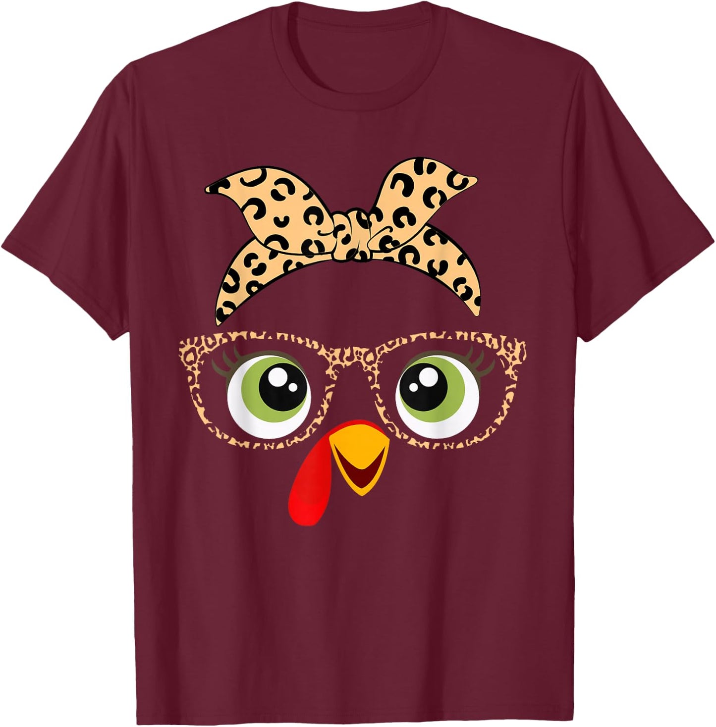 Thanksgiving Turkey Face Leopard Print Glasses For Girls T-Shirt - T-Shirt | Maroon