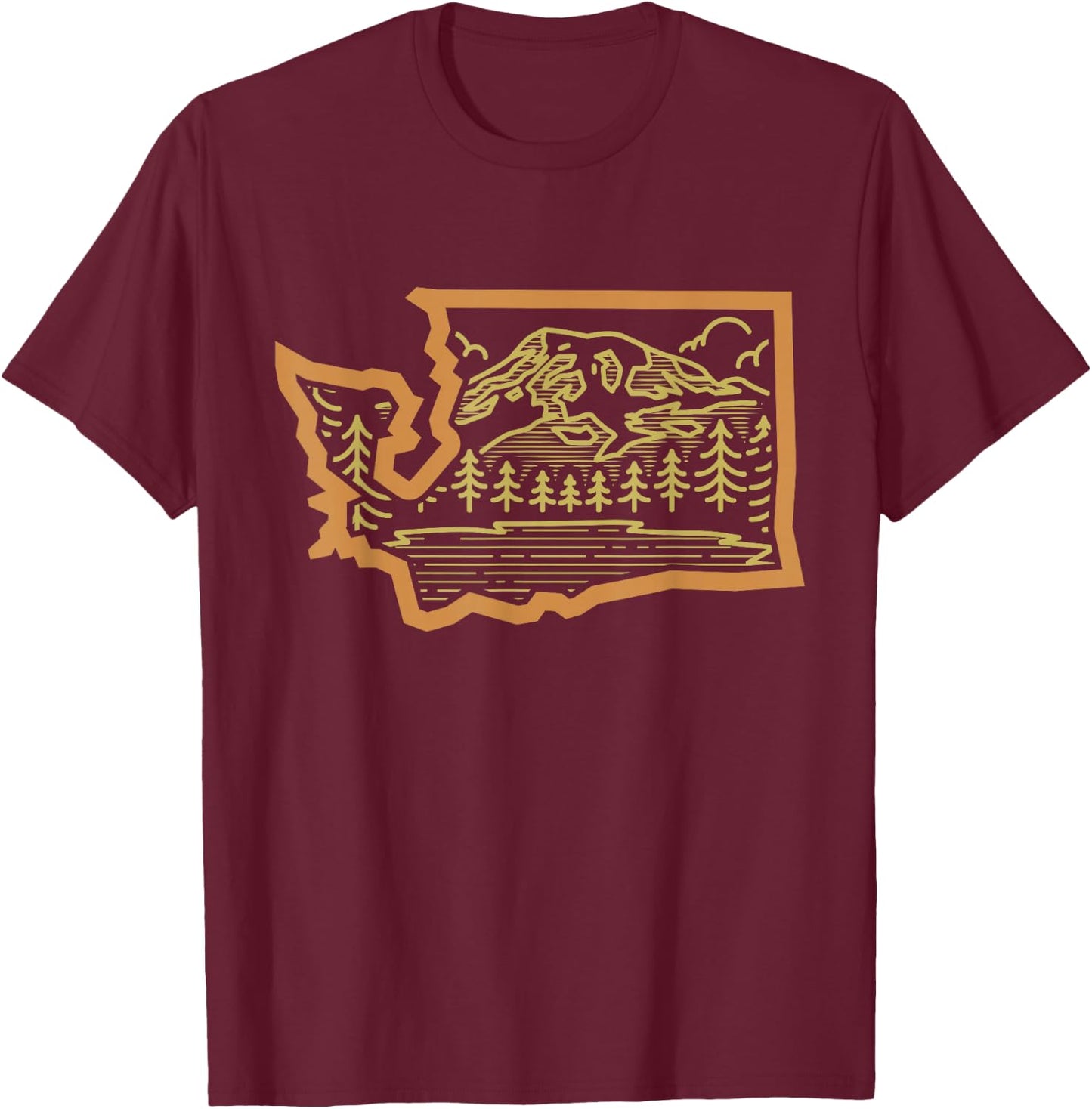 Washington Mountain Landscape State Outline Design T-Shirt - T-Shirt | Maroon